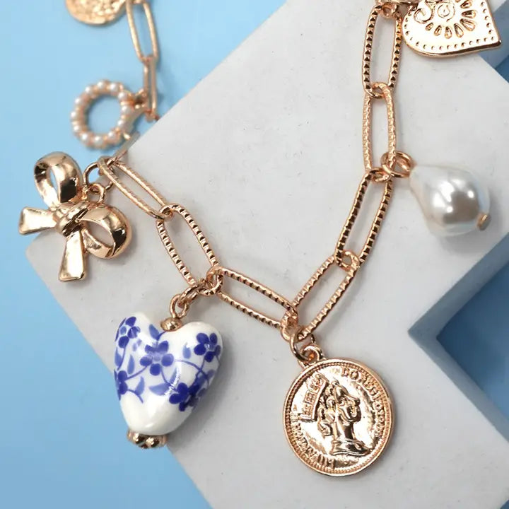Ceramic Porcelain Bow Heart Charm Link Necklace