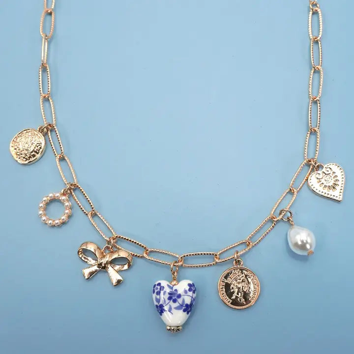 Ceramic Porcelain Bow Heart Charm Link Necklace