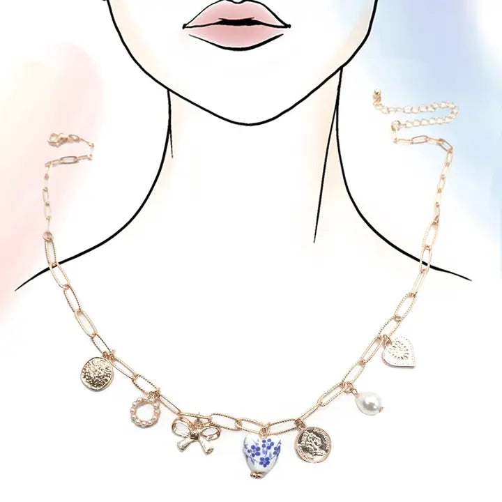 Ceramic Porcelain Bow Heart Charm Link Necklace